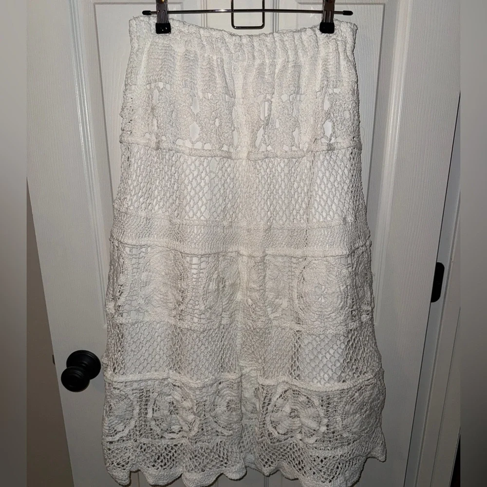 POL Cream Crocheted Maxi Skirt with Ruffle Tiers - Picture 2 of 4